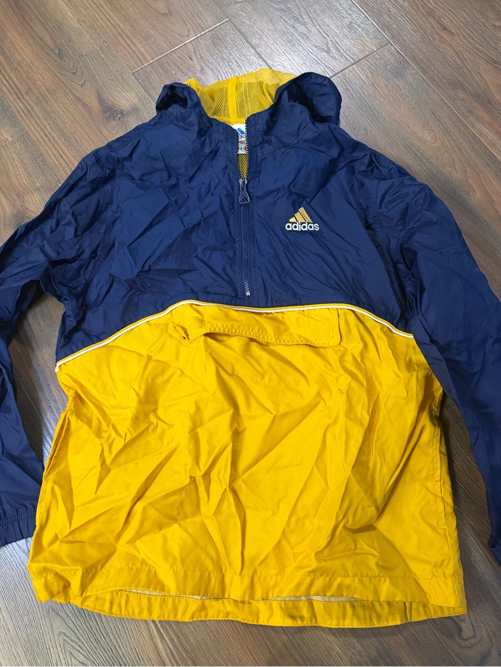 Vintage Adidas Men’s Navy and Yellow Windbreaker Jacket